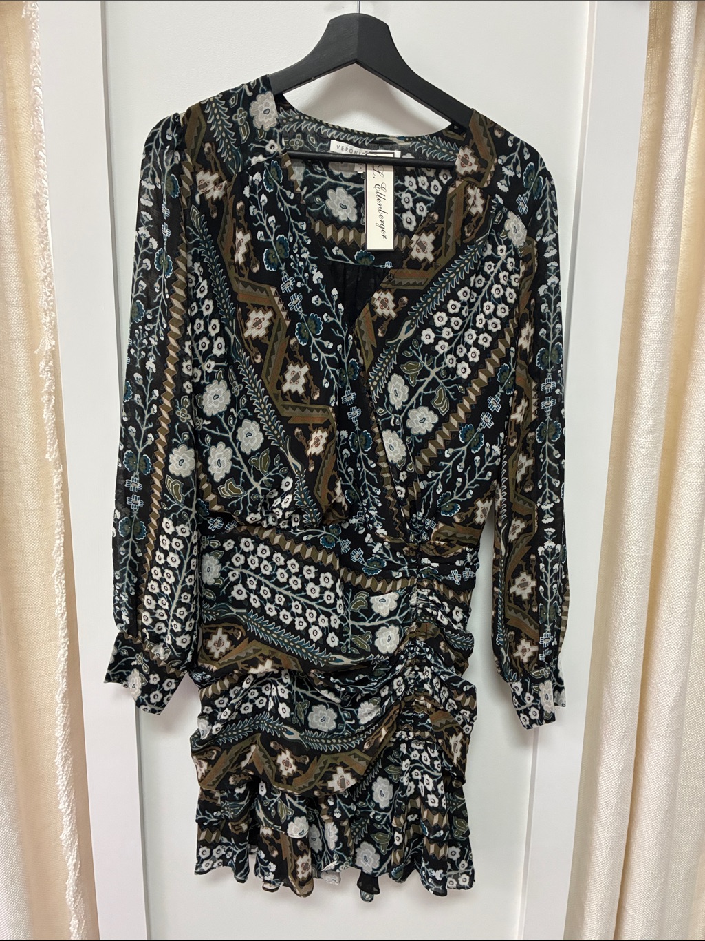 Veronica Beard Black & Olive Tribal Ruched Faux Wrap Mini Dress